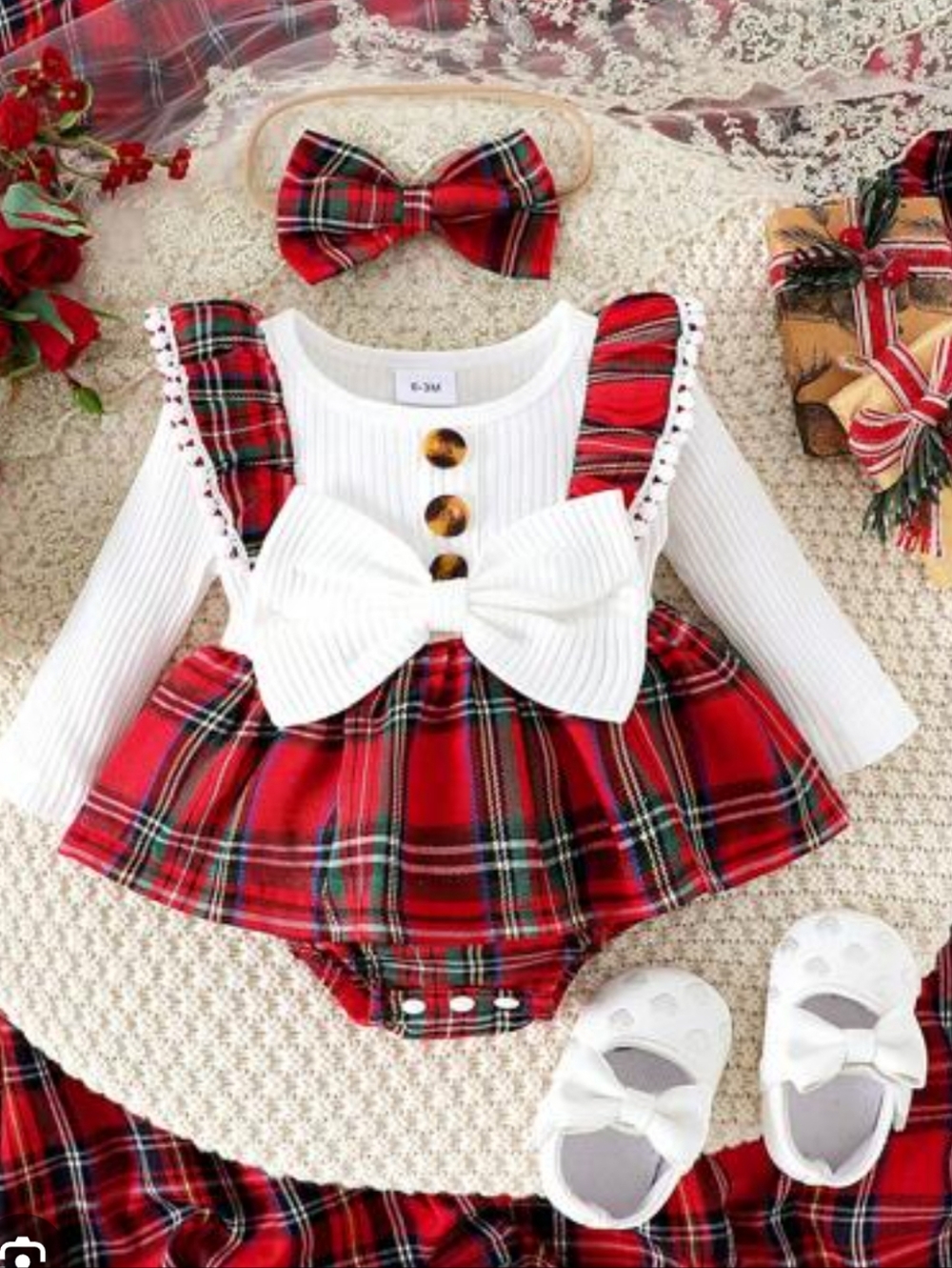 Red Plaid Baby Girl Ruffled Romper with White Bow Size 0-3 Months